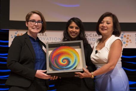 Teresa Cauvel ’16SEAS and Sona Shah ’16SEAS receive The Wireless and Mobile Innovation for Global Impact Award at the 2016 Social Innovation Summit.